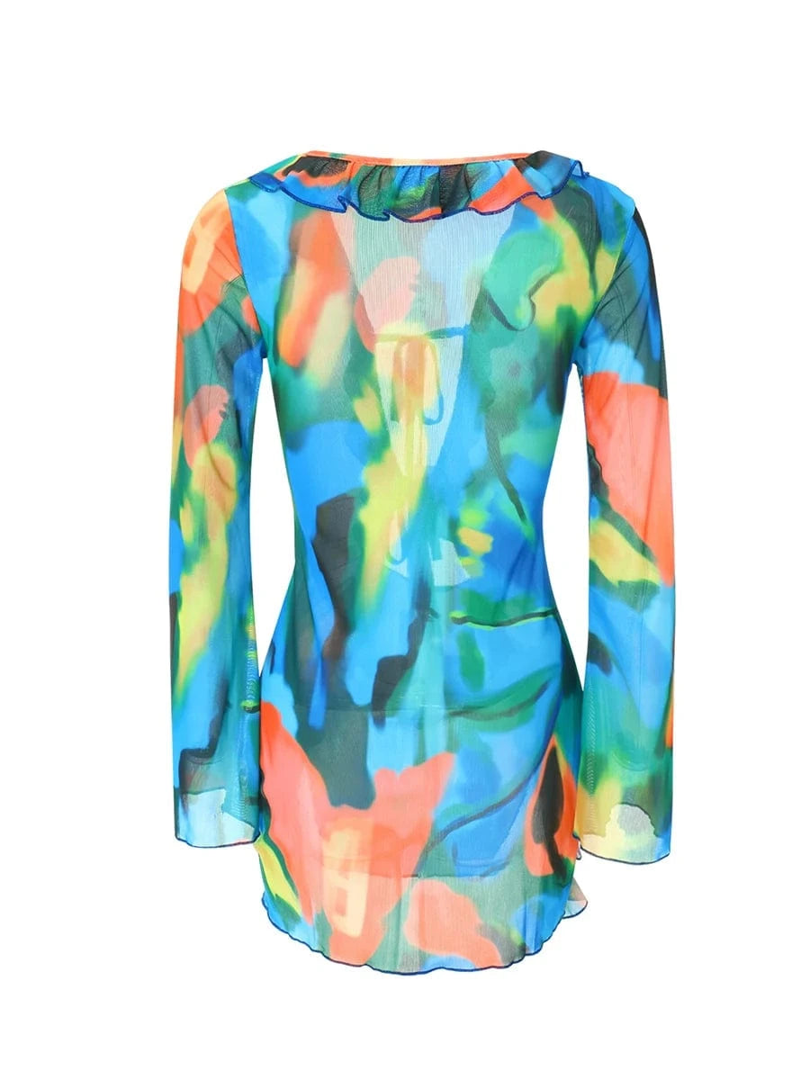 Women Mini Dress Long Sleeve Lacing Tie-dye Print Patchwork Slit Bodycon Dress for Club Party