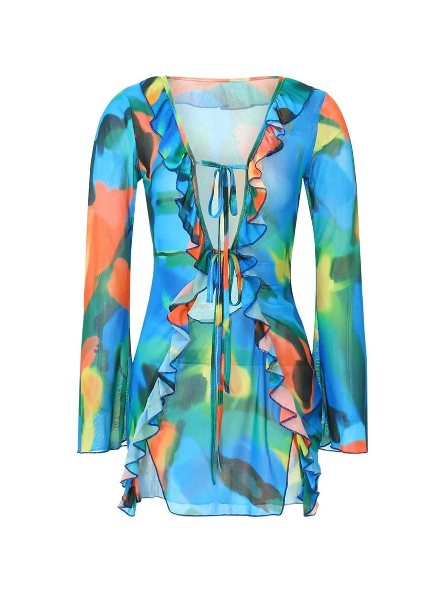 Women Mini Dress Long Sleeve Lacing Tie-dye Print Patchwork Slit Bodycon Dress for Club Party