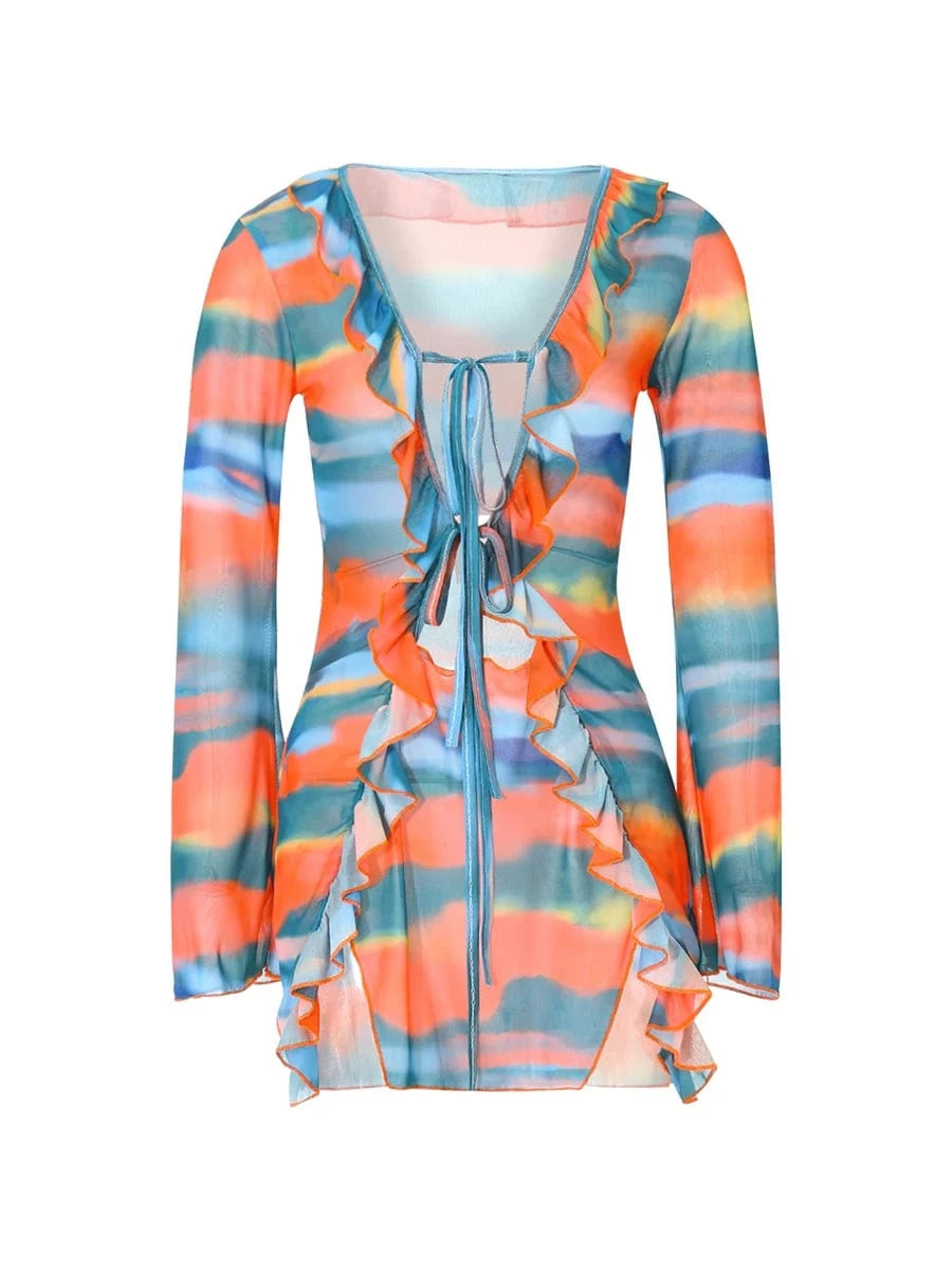 Women Mini Dress Long Sleeve Lacing Tie-dye Print Patchwork Slit Bodycon Dress for Club Party