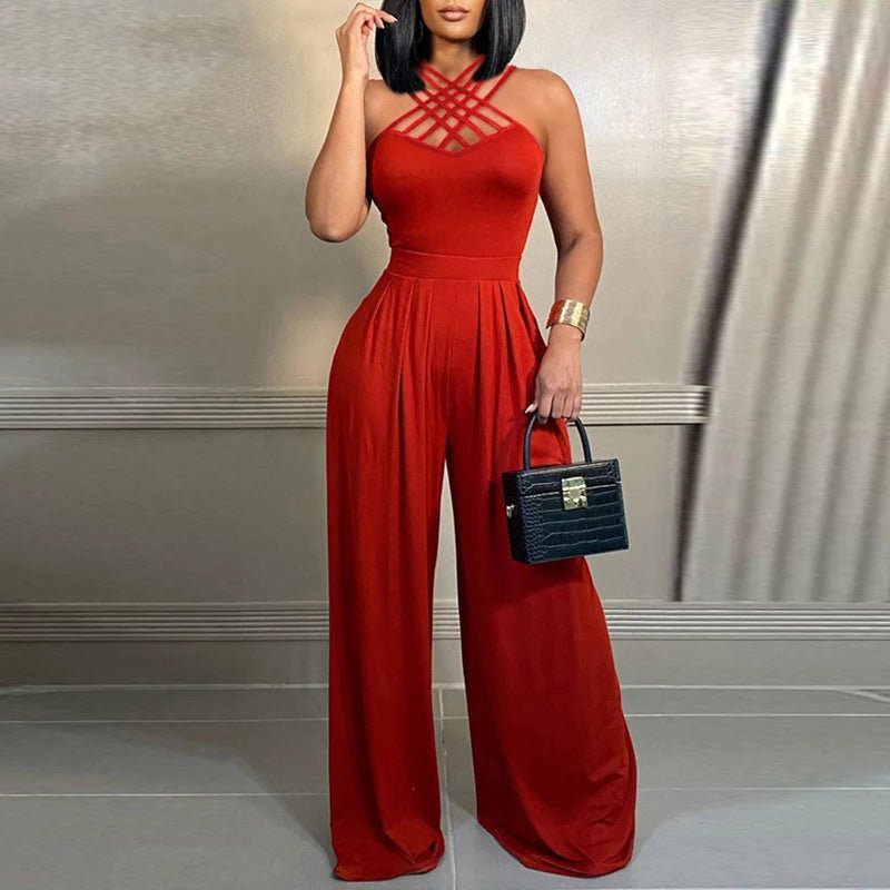 Women Office Lady Wide Leg Pants Summer Printing Jumpsuits Elegant Sleeveless Holiday Ladies Bodysuits Streetwear Dropshipping - SN Wigs & More