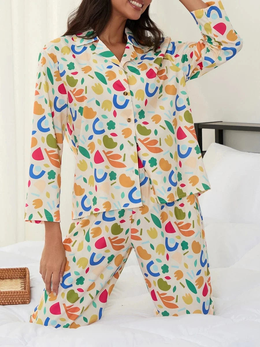 Women Pajamas Set 2 Pieces Loungewear Suits Fashion Print Button up Long Sleeve Tops and Elastic Pants Sleepwear Outfits Pjs