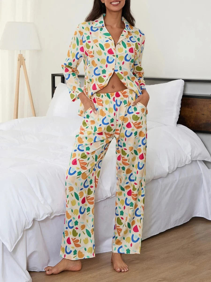Women Pajamas Set 2 Pieces Loungewear Suits Fashion Print Button up Long Sleeve Tops and Elastic Pants Sleepwear Outfits Pjs