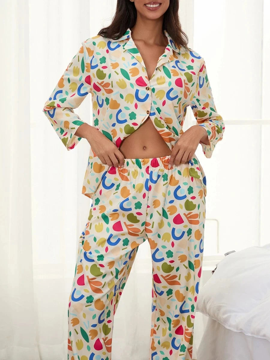 Women Pajamas Set 2 Pieces Loungewear Suits Fashion Print Button up Long Sleeve Tops and Elastic Pants Sleepwear Outfits Pjs