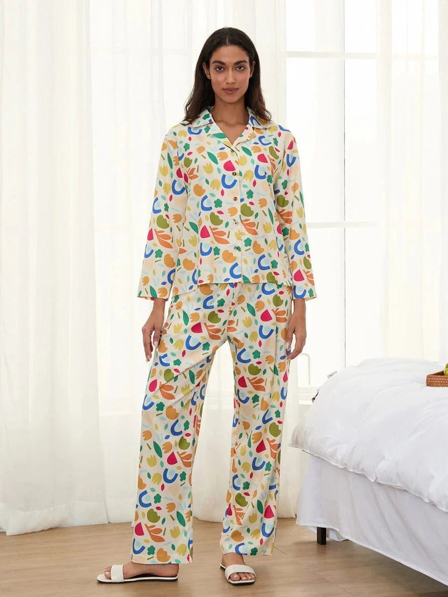 Women Pajamas Set 2 Pieces Loungewear Suits Fashion Print Button up Long Sleeve Tops and Elastic Pants Sleepwear Outfits Pjs