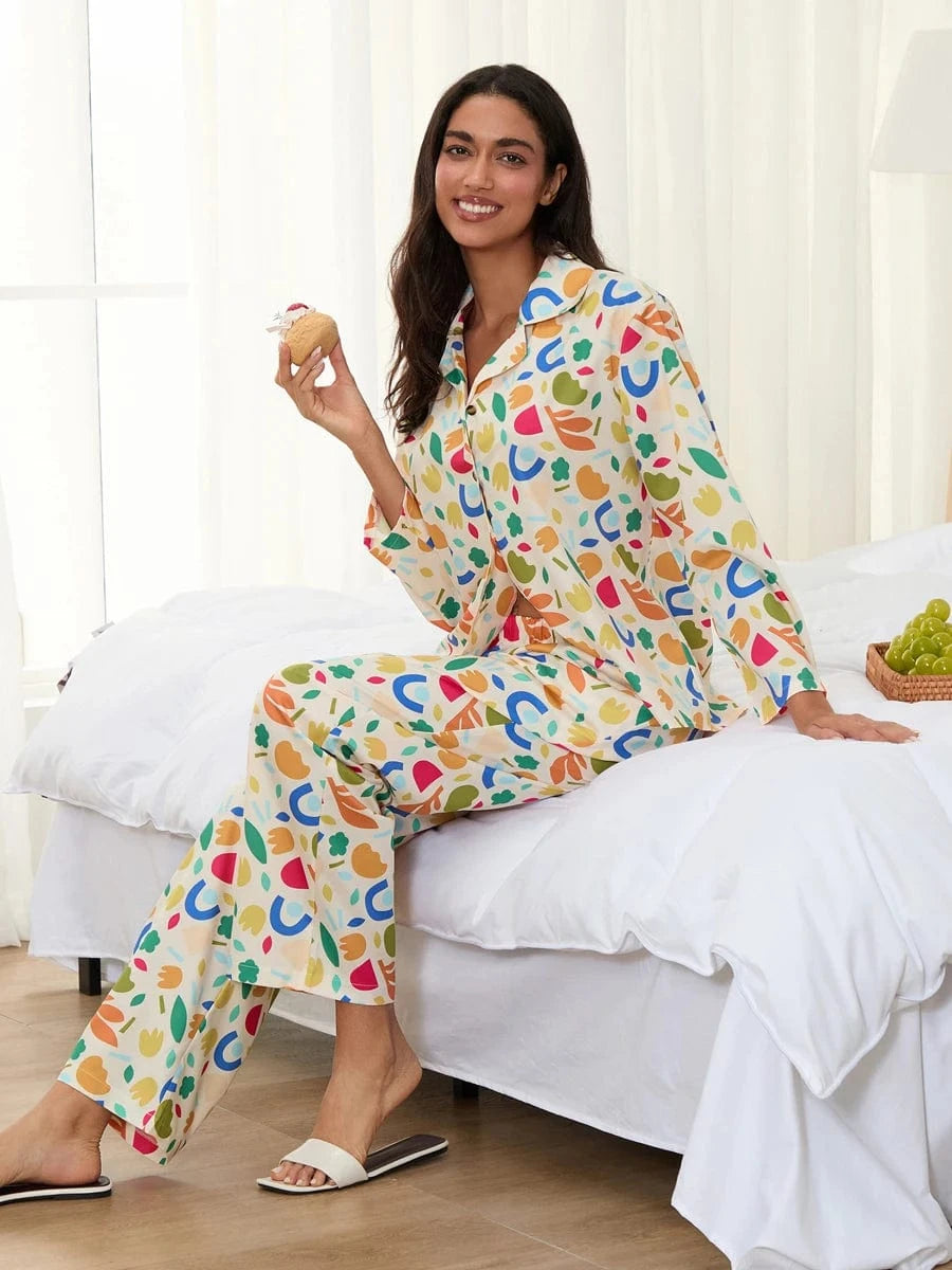Women Pajamas Set 2 Pieces Loungewear Suits Fashion Print Button up Long Sleeve Tops and Elastic Pants Sleepwear Outfits Pjs