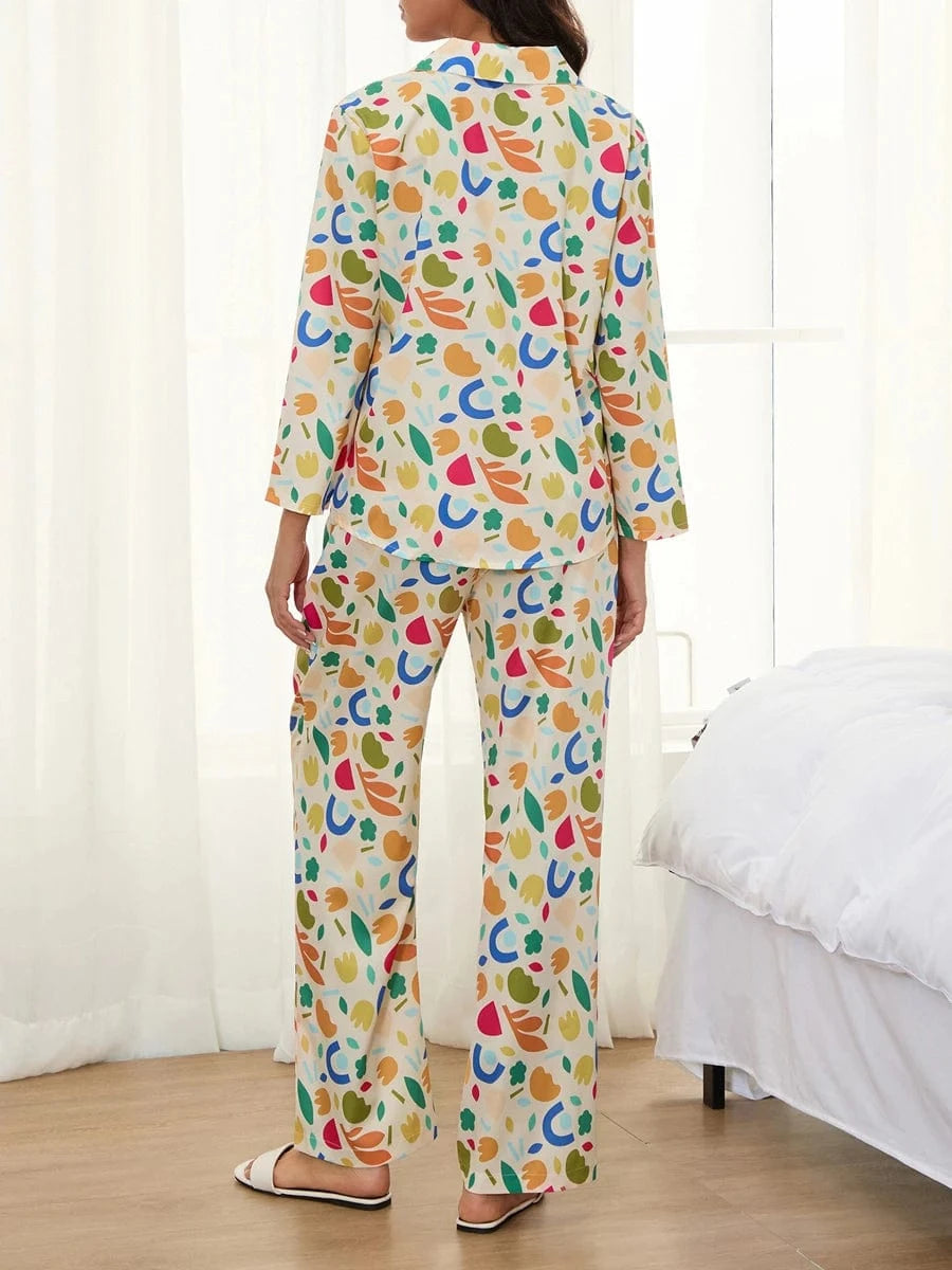 Women Pajamas Set 2 Pieces Loungewear Suits Fashion Print Button up Long Sleeve Tops and Elastic Pants Sleepwear Outfits Pjs