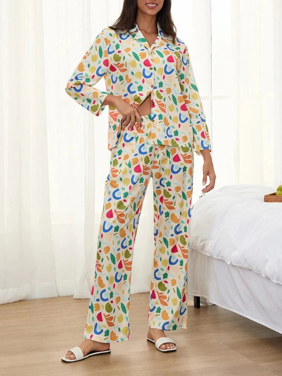 Women Pajamas Set 2 Pieces Loungewear Suits Fashion Print Button up Long Sleeve Tops and Elastic Pants Sleepwear Outfits Pjs