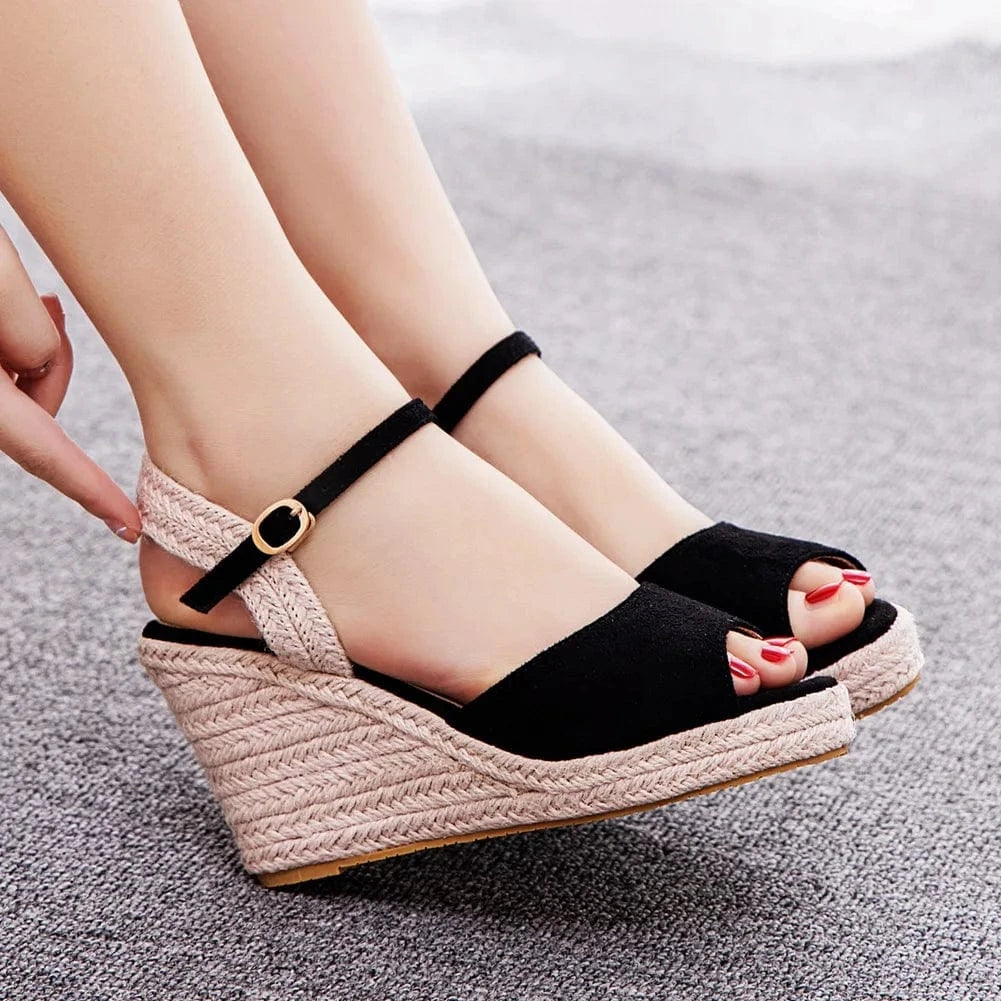 Women Platform Shoes Casual Open-toe Hemp Rope Mary Jane Shoes Ankle Strap Small Size Wedge Heels Sandals Ladies Shopping Sandal