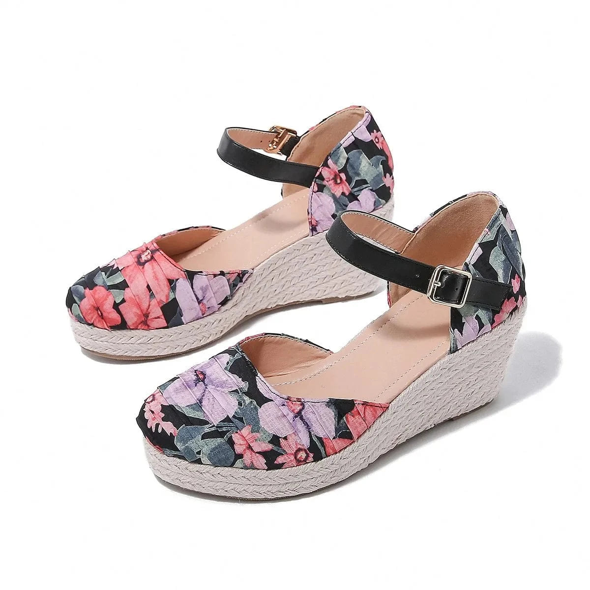 Women Platform Shoes Retro Floral Cloth Hemp Rope Wrap-toe Shoes Hollow Out Ankle Strap Wedge Heels Sandals Ladies Office Sandal