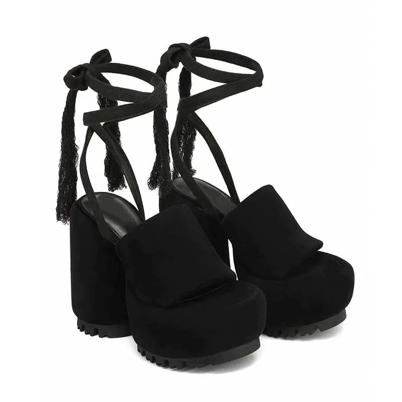 Women Platform Shoes Sexy Solid Color Round-toe Mujer Zapatos Cross Strap Lace Up High Heel Sandals For Ladies Nightclub Sandals