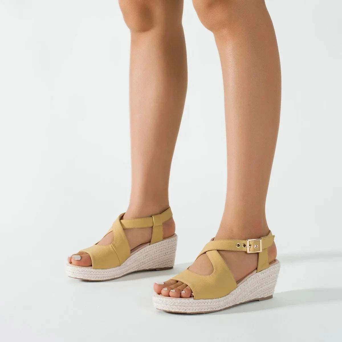 Women Platform Shoes Simple Synthetic Leather Hemp Rope Mujer Shoes Cross Strap Lace Up Wedge Heel Sandals Ladies Office Sandals