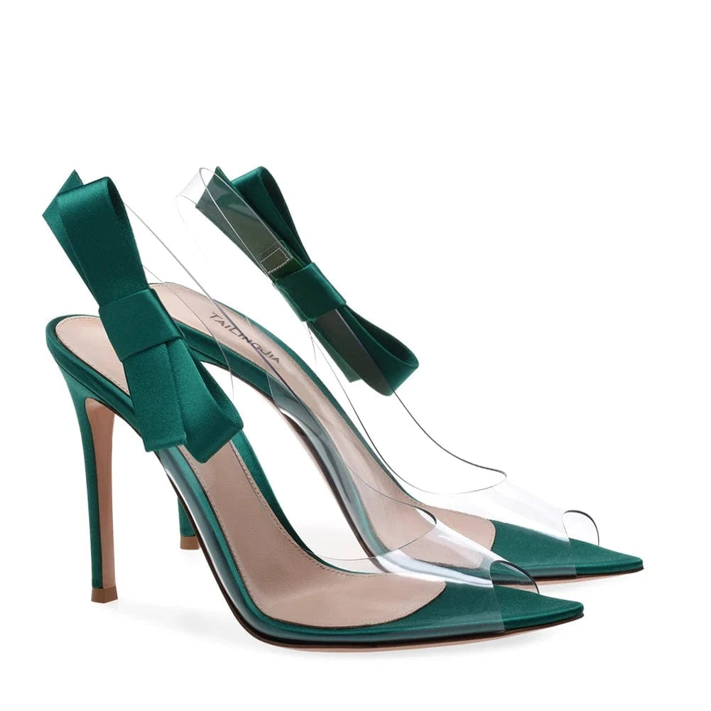 Women Pointed Peep Toe High Heel Pumps Clear Heels With Bow Slingback Transparent Shoes