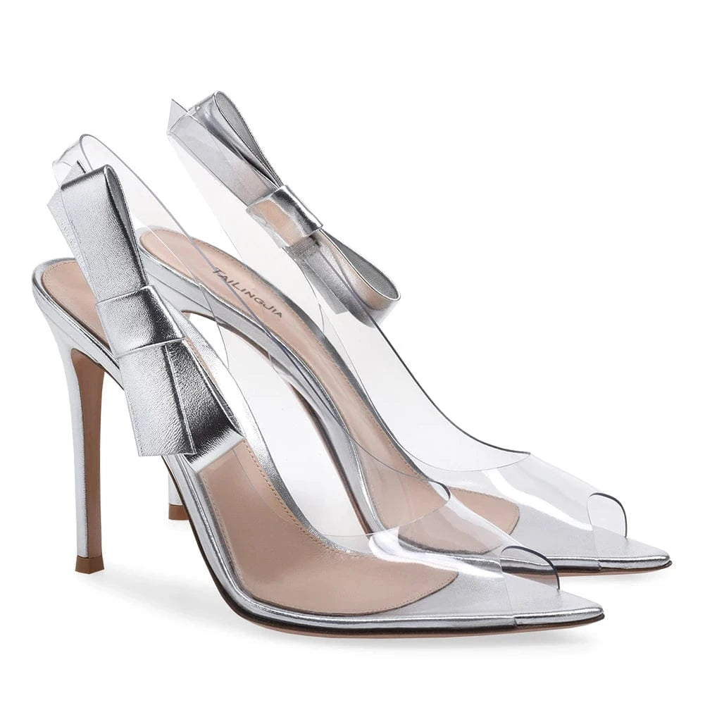 Women Pointed Peep Toe High Heel Pumps Clear Heels With Bow Slingback Transparent Shoes