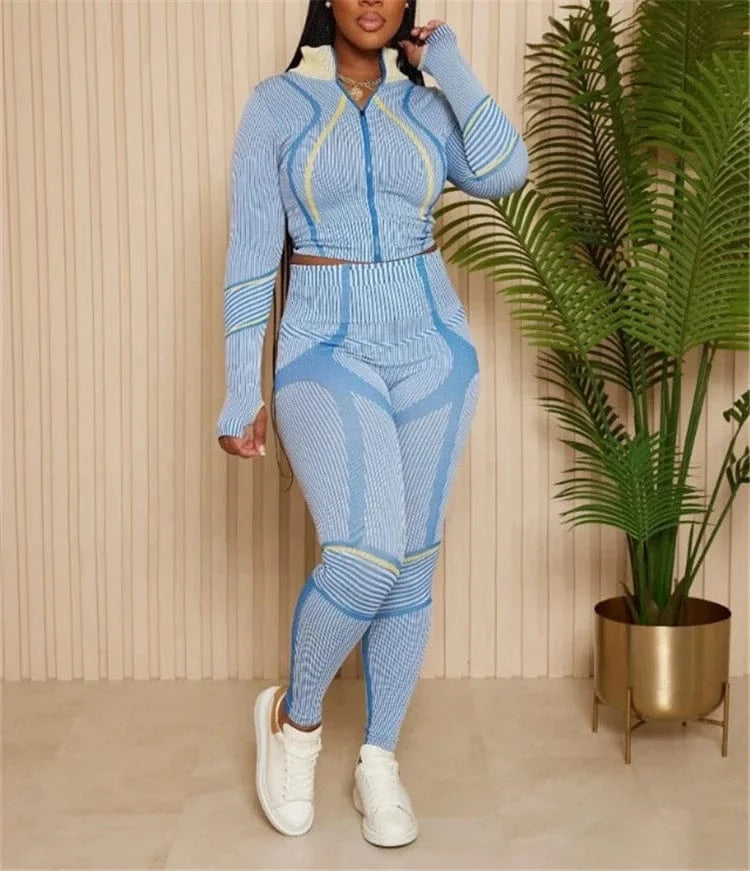Women Printed Sports Tracksuit Fashion Long Sleeve T-Shirt And Legging Pants 2024 Fall Chic Two Piece Trousers Set