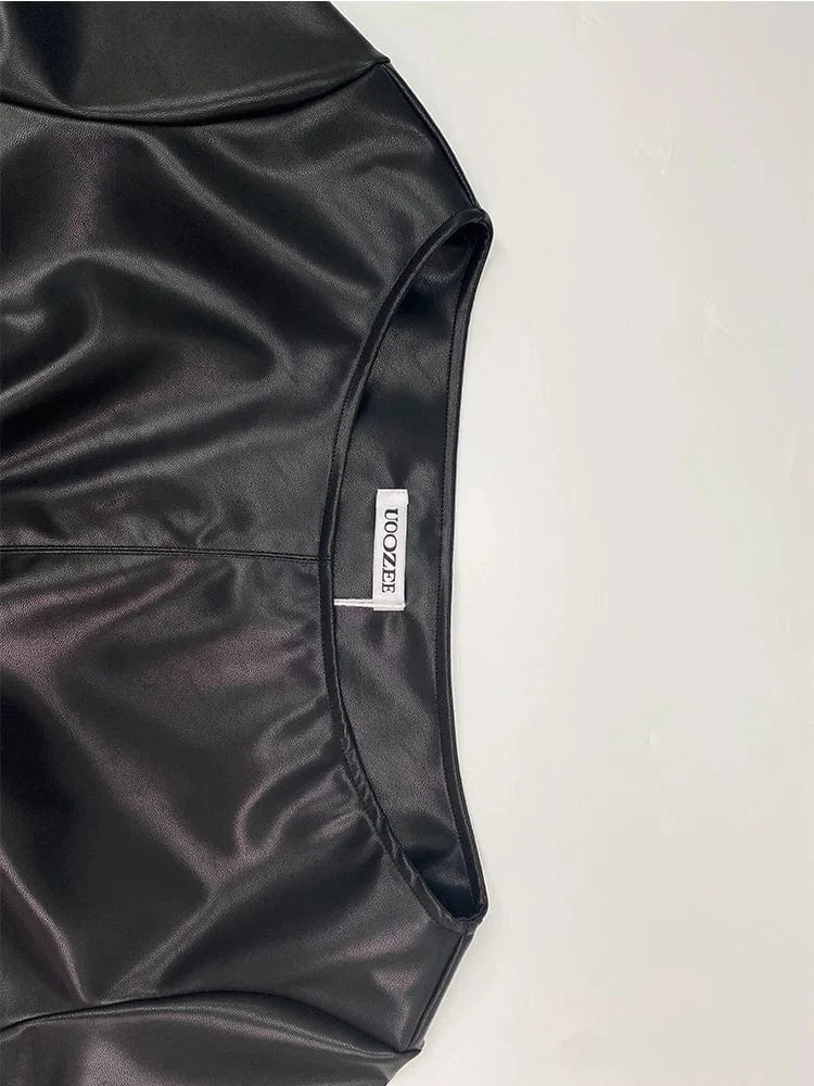 Women PU Leather Round Neck Long Sleeve Blouse Tops Pullover Loose PU Clothes Streetwear Windproof Motorcycle Clothing