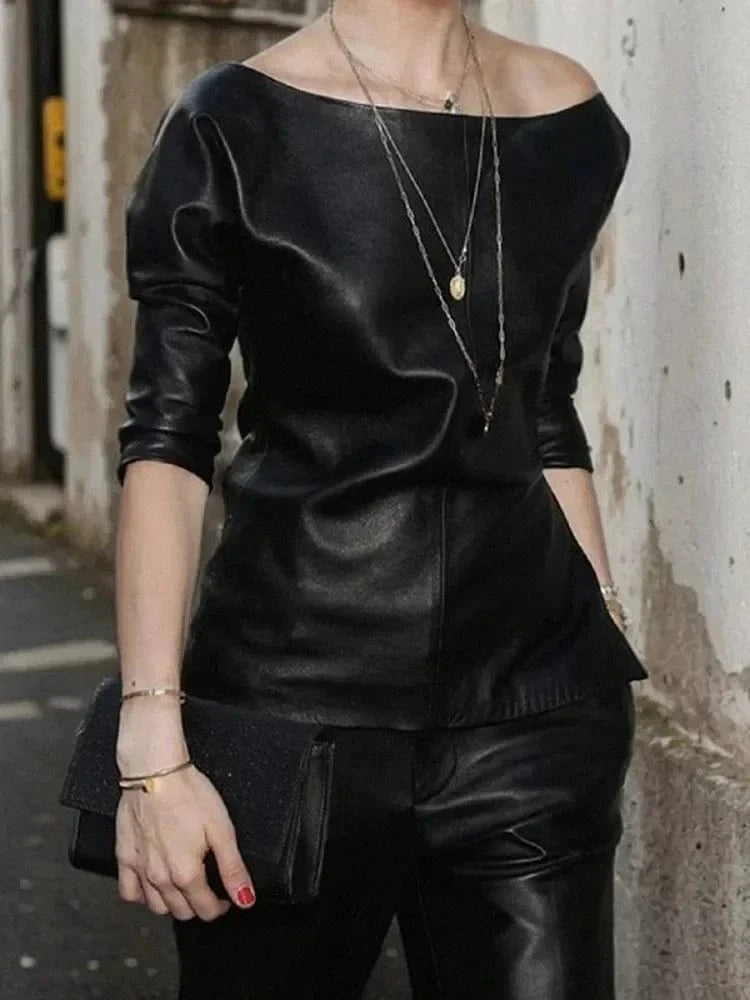 Women PU Leather Round Neck Long Sleeve Blouse Tops Pullover Loose PU Clothes Streetwear Windproof Motorcycle Clothing