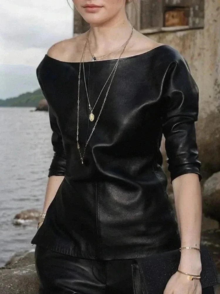 Women PU Leather Round Neck Long Sleeve Blouse Tops Pullover Loose PU Clothes Streetwear Windproof Motorcycle Clothing
