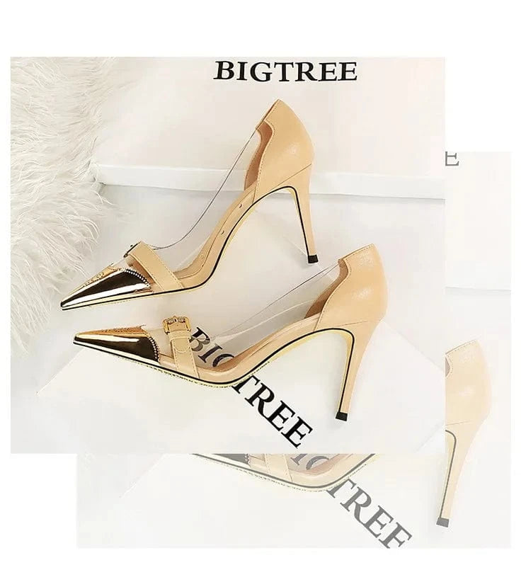 Women Pumps Heels Transparent PVC Heels Ladies Metal Belt Buckle Pumps Shoes Sexy Stiletto High Heel Wedding Shoes
