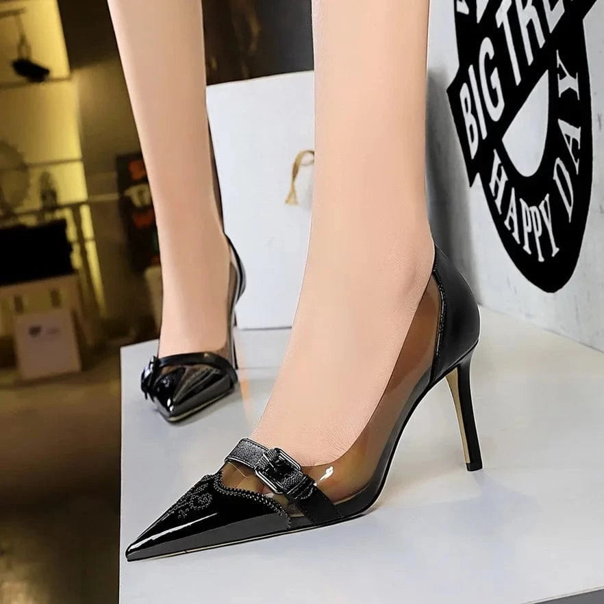 Women Pumps Heels Transparent PVC Heels Ladies Metal Belt Buckle Pumps Shoes Sexy Stiletto High Heel Wedding Shoes