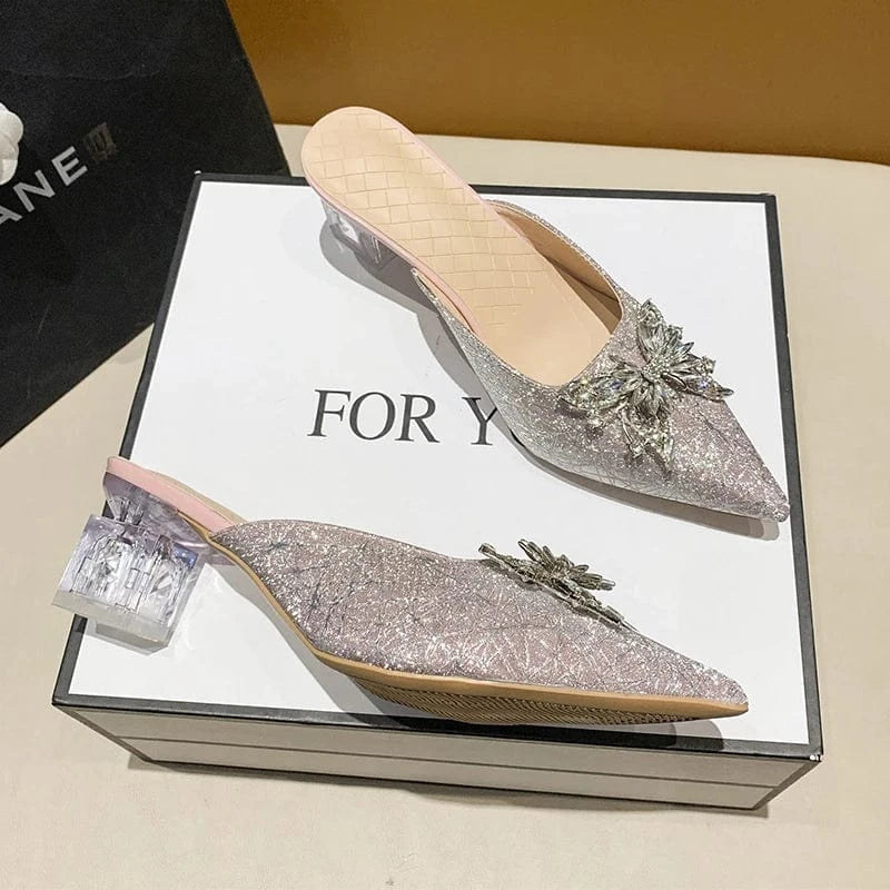Women Pumps Slipper Closed Toe Slip on Mules Shoes Woman Pointed Toe Bow Knot High Heels Casual Slides Plus Size