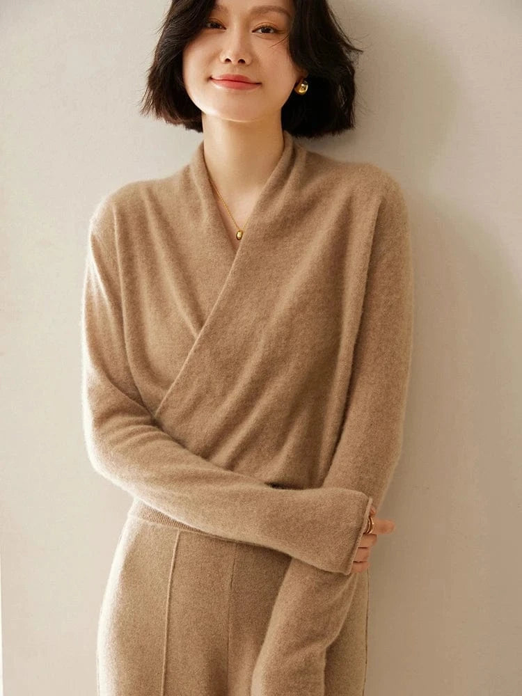 Women's 100% Cashmere Sweater Crossover Collar Pullover Office Lady Basic Grace Cashmere Knitwear Autumn Winter Tops
