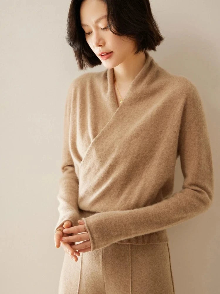 Women's 100% Cashmere Sweater Crossover Collar Pullover Office Lady Basic Grace Cashmere Knitwear Autumn Winter Tops