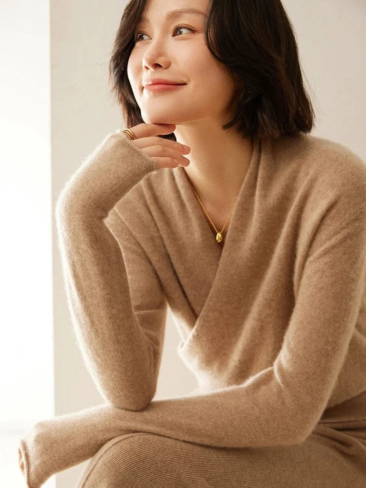 Women's 100% Cashmere Sweater Crossover Collar Pullover Office Lady Basic Grace Cashmere Knitwear Autumn Winter Tops