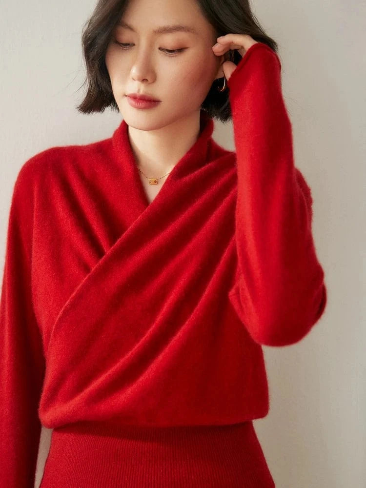 Women's 100% Cashmere Sweater Crossover Collar Pullover Office Lady Basic Grace Cashmere Knitwear Autumn Winter Tops