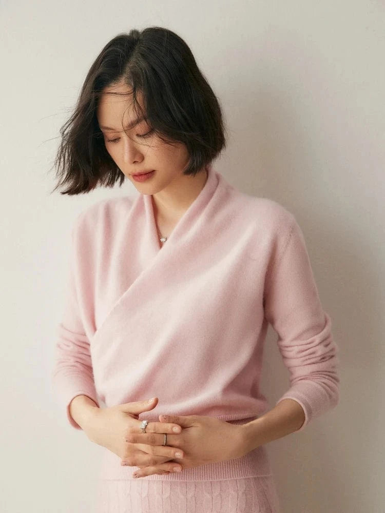 Women's 100% Cashmere Sweater Crossover Collar Pullover Office Lady Basic Grace Cashmere Knitwear Autumn Winter Tops