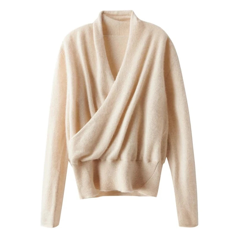 Women's 100% Cashmere Sweater Crossover Collar Pullover Office Lady Basic Grace Cashmere Knitwear Autumn Winter Tops