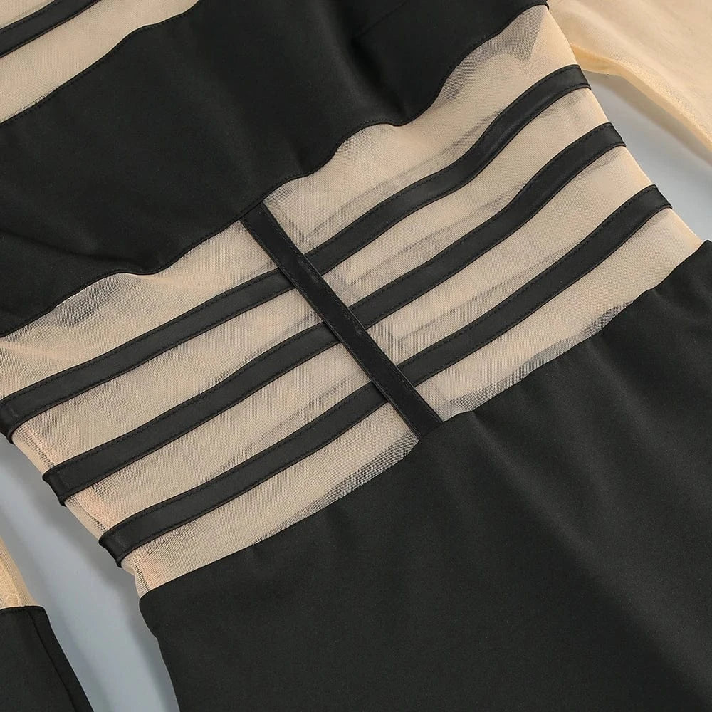 Women's 2025 Sexy Long Sleeve Mesh Ankle-Length Dress Celebrity Sheer Elegant Cut Out Details for Party Evening Club Vestido