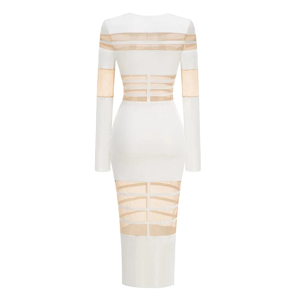 Women's 2025 Sexy Long Sleeve Mesh Ankle-Length Dress Celebrity Sheer Elegant Cut Out Details for Party Evening Club Vestido