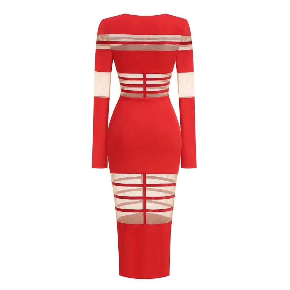 Women's 2025 Sexy Long Sleeve Mesh Ankle-Length Dress Celebrity Sheer Elegant Cut Out Details for Party Evening Club Vestido