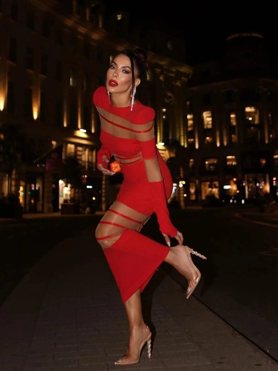 Women's 2025 Sexy Long Sleeve Mesh Ankle-Length Dress Celebrity Sheer Elegant Cut Out Details for Party Evening Club Vestido
