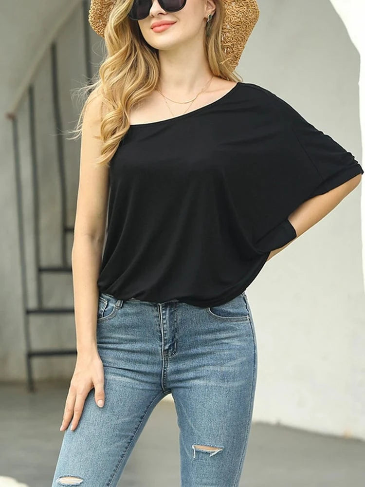 Women's 2025 Summer New One Shoulder Casual Summer Tops Half Sleeve Loose Top Solid Colour Daily Wear T Shirt Basic