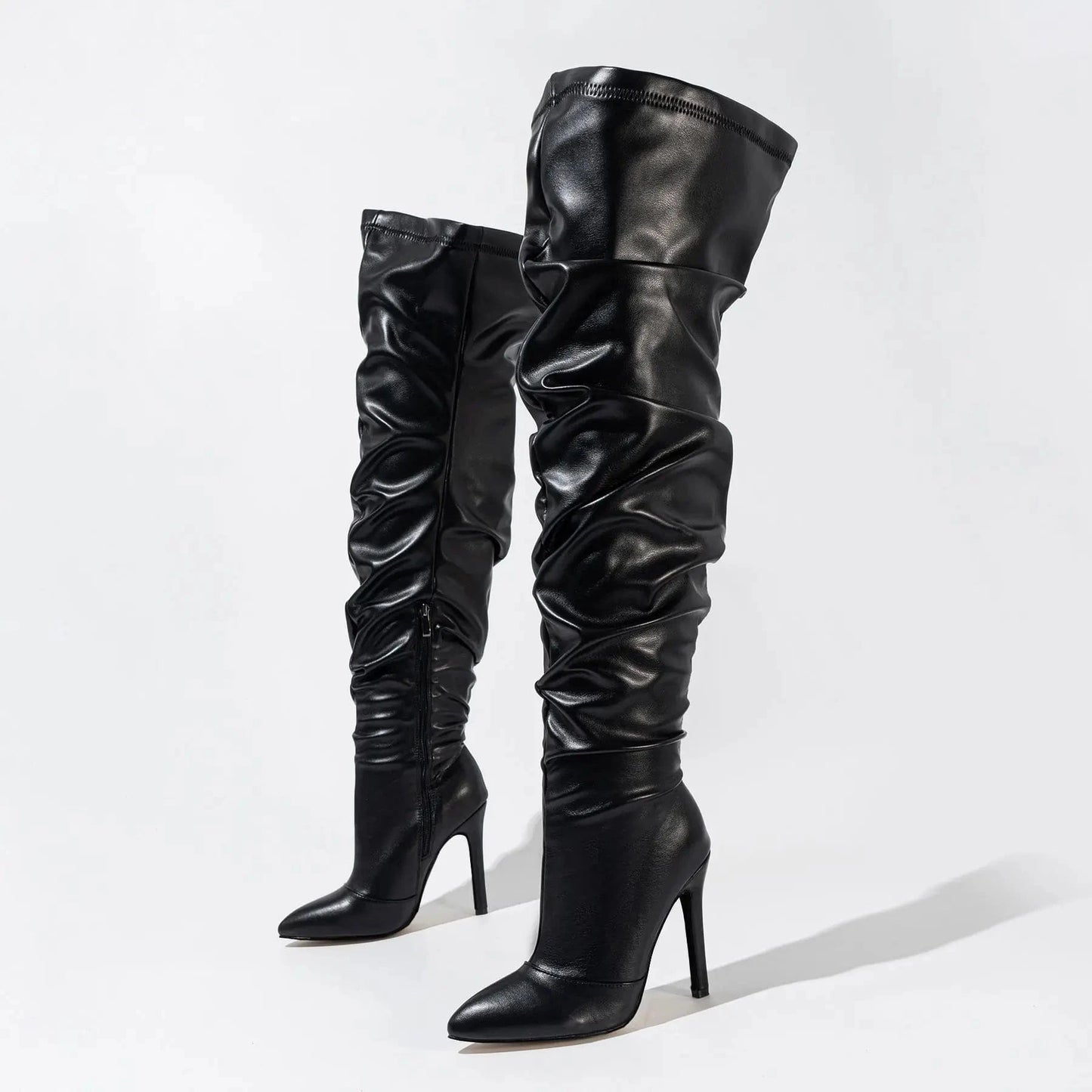 Women's Black Leather Thigh-High Boots