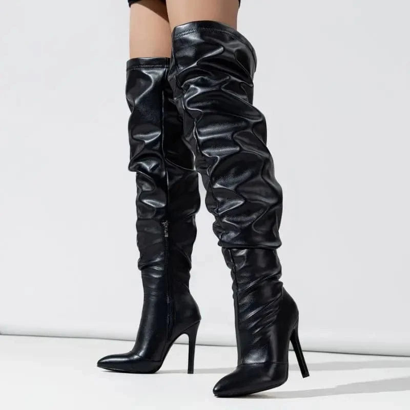 Women's Black Leather Thigh-High Boots