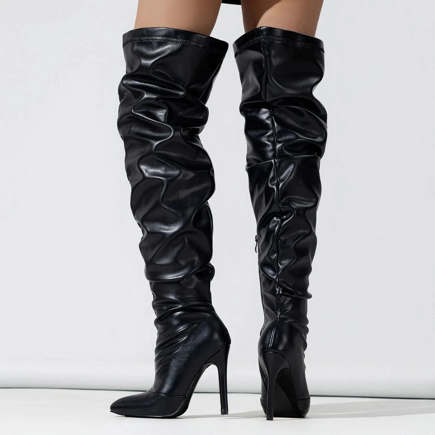 Women's Black Leather Thigh-High Boots