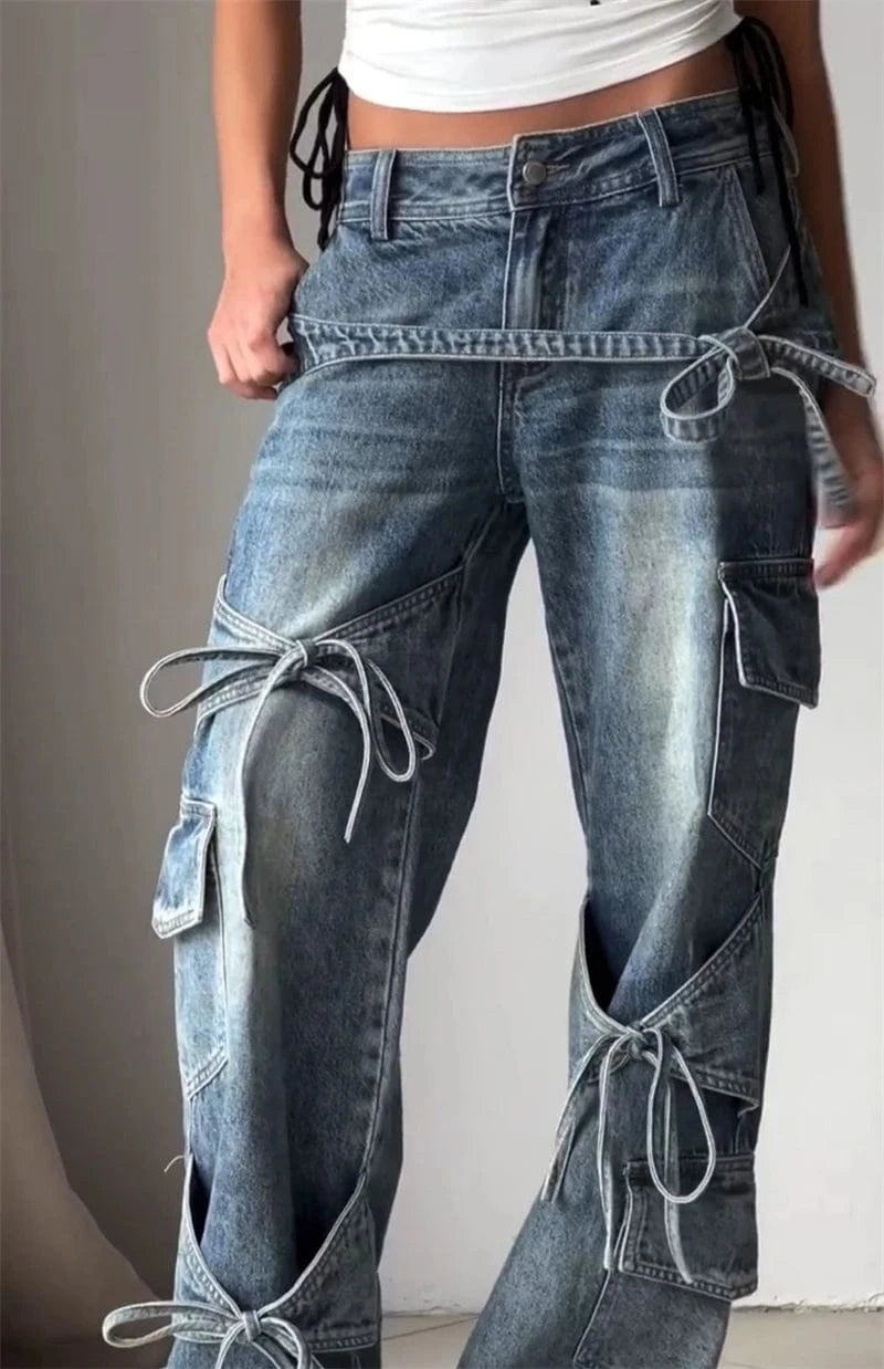 Women's Blue Baggy Y2k Cargo Jeans Harajuku Oversize Denim Trousers Japanese 2000s Style Jean Pants Trashy Vintage Clothes 2025