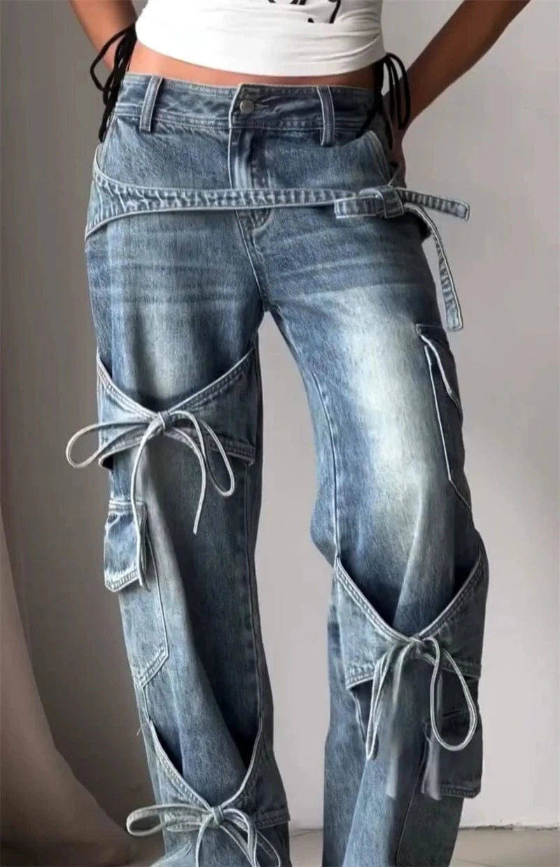 Women's Blue Baggy Y2k Cargo Jeans Harajuku Oversize Denim Trousers Japanese 2000s Style Jean Pants Trashy Vintage Clothes 2025