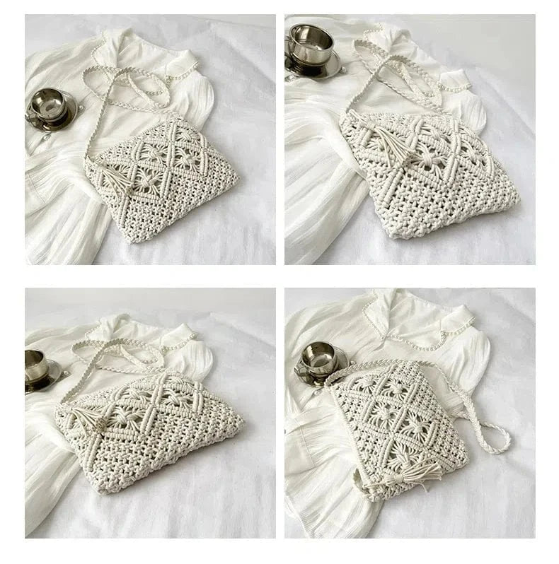Women's Bohemian Style Handmade Woven Tassel Causal Cotton Crochet Clutch Bags Woven Straw Bag Purse Handbags Summer Beach Bag