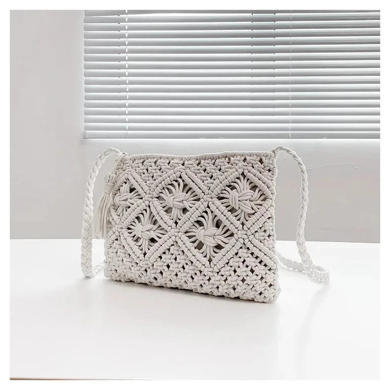 Women's Bohemian Style Handmade Woven Tassel Causal Cotton Crochet Clutch Bags Woven Straw Bag Purse Handbags Summer Beach Bag