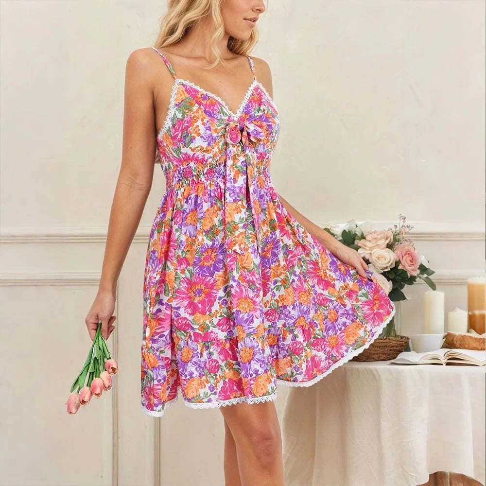 Women's Boho Floral Printed Strappy Skater Mini Dress Summer Ladies Casual Holiday Vacation Picnic Chic Sundress Size S-2XL