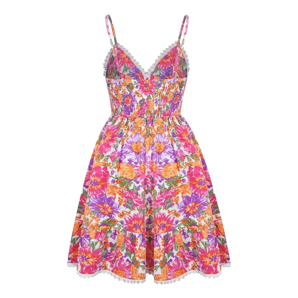 Women's Boho Floral Printed Strappy Skater Mini Dress Summer Ladies Casual Holiday Vacation Picnic Chic Sundress Size S-2XL