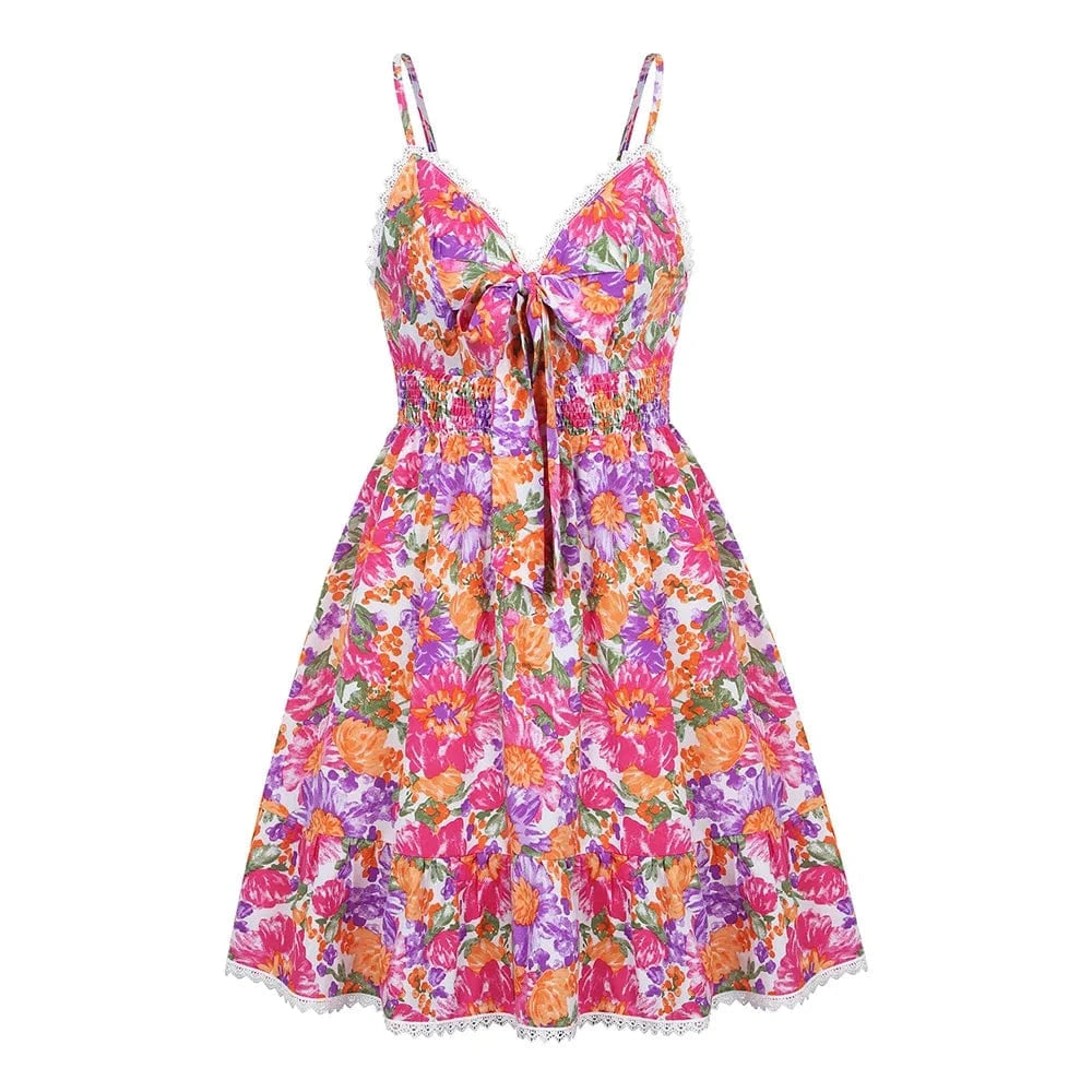 Women's Boho Floral Printed Strappy Skater Mini Dress Summer Ladies Casual Holiday Vacation Picnic Chic Sundress Size S-2XL