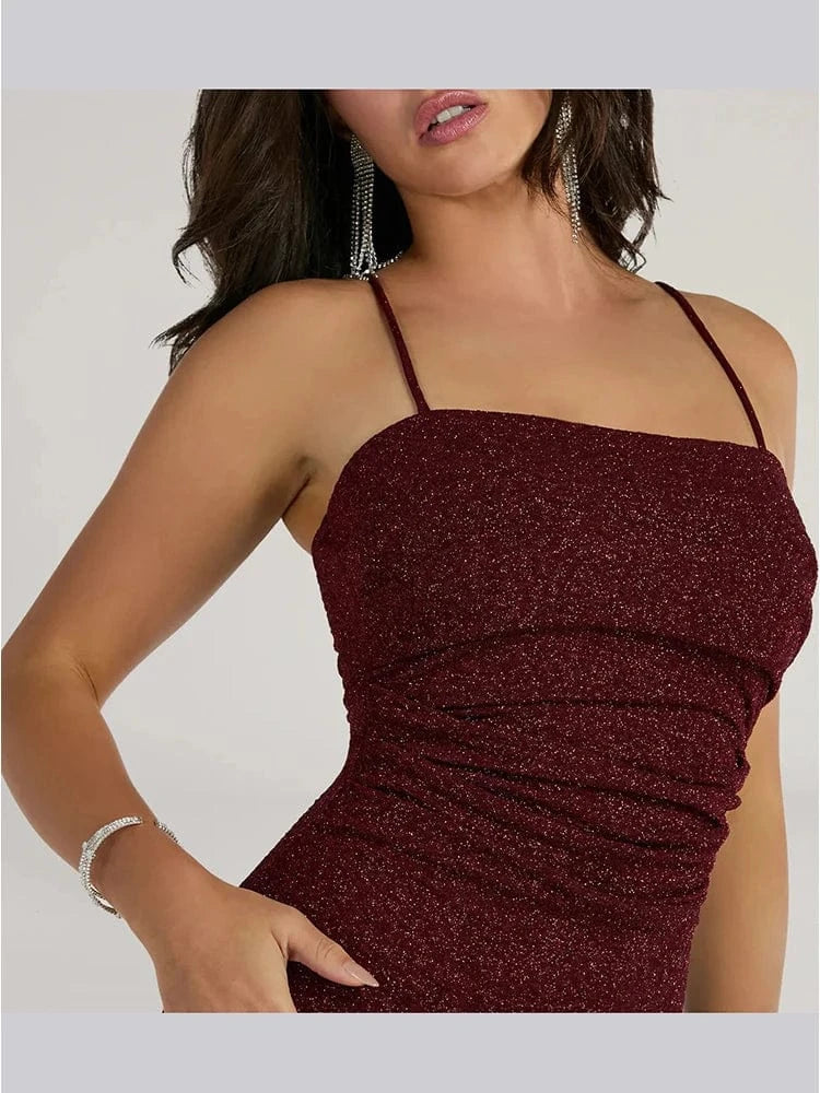 Women's Camel-Colored Spaghetti Strap Maxi Dress Ruched Mermaid-style Hot chick Slip Dress Evening Parties Special Occasions