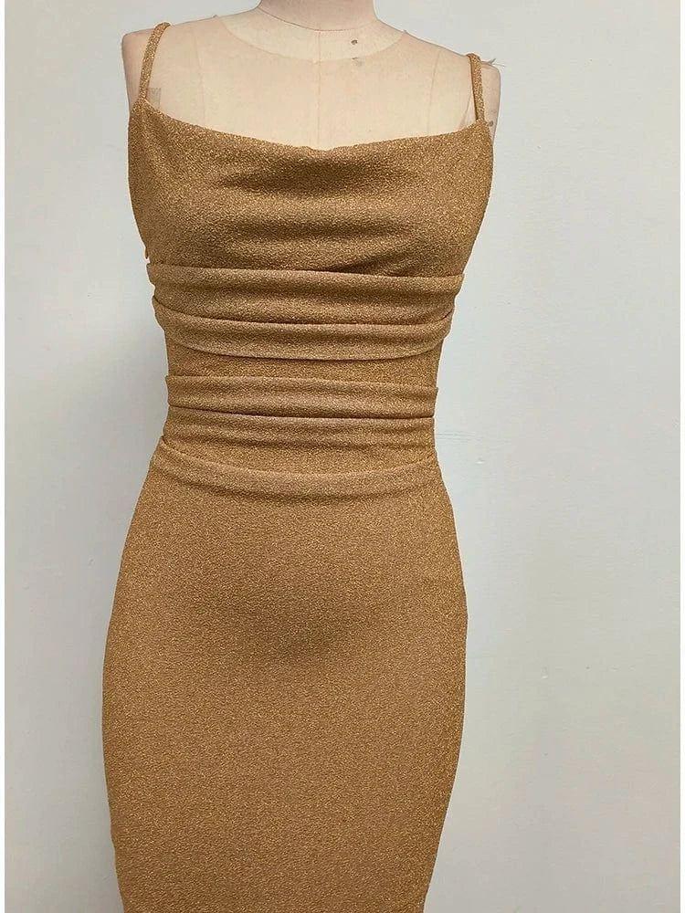 Women's Camel-Colored Spaghetti Strap Maxi Dress Ruched Mermaid-style Hot chick Slip Dress Evening Parties Special Occasions