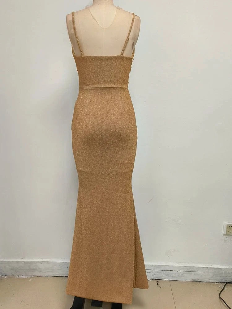 Women's Camel-Colored Spaghetti Strap Maxi Dress Ruched Mermaid-style Hot chick Slip Dress Evening Parties Special Occasions