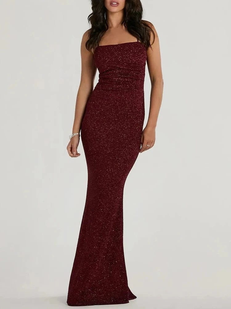 Women's Camel-Colored Spaghetti Strap Maxi Dress Ruched Mermaid-style Hot chick Slip Dress Evening Parties Special Occasions