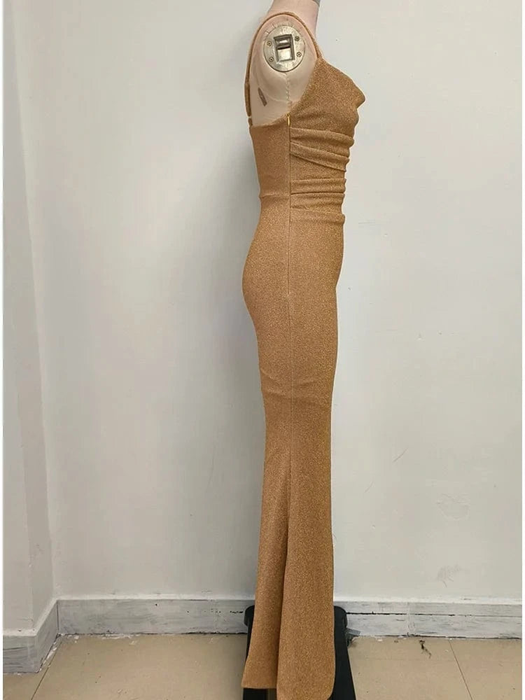 Women's Camel-Colored Spaghetti Strap Maxi Dress Ruched Mermaid-style Hot chick Slip Dress Evening Parties Special Occasions